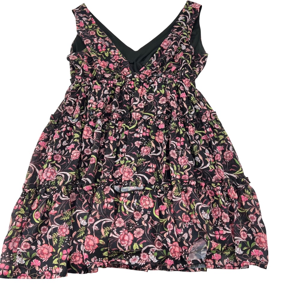 Flying Tomato Womens Dress Floral Print Black Pink V Neck Ruffle Tiered Size L‎